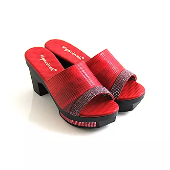 Green Phoenix焦點矚目精緻水鑽粗跟拖鞋34紅色