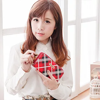 【XINWEI POLO】經典女伶紅格拉鍊長夾