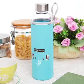 可愛動物附保護套不鏽鋼蓋玻璃瓶550ml-大象