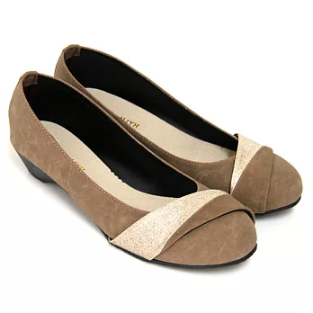 優雅素色金蔥拼接低跟娃娃包鞋24棕色