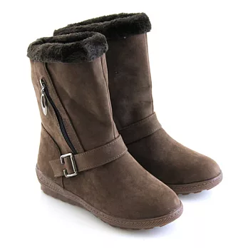 【Pretty】秋冬時尚毛絨環扣圍繞側拉鍊中筒靴37卡其