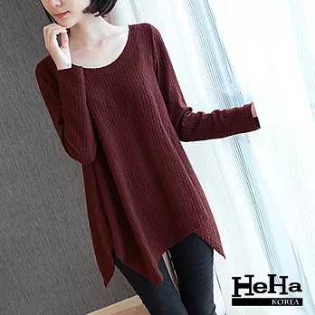上衣 加大寬鬆不規則長版長袖上衣 酒紅-HeHa-M*