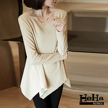 上衣 加大寬鬆不規則長版長袖上衣 杏色-HeHa-L*
