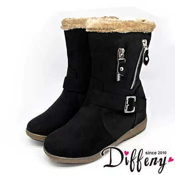 Diffeny 個性率性 滾毛邊拼接拉鍊造型楔型中筒靴-黑 36
