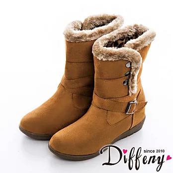 Diffeny 都會率性 滾毛邊皮帶扣造型楔型靴-棕 36
