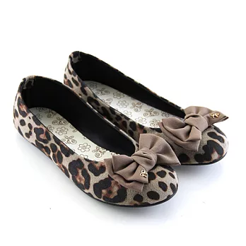 【Pretty】大朵蝴蝶結豹紋布面平底娃娃鞋24.5芋色