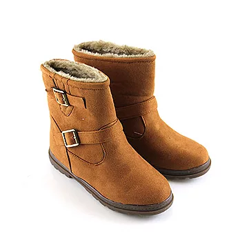 【Pretty】百搭暖暖毛絨雙環扣中筒靴23棕色