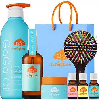 Morocco GaGa Oil 摩洛哥醫美級洗髮精580ml(3款可選)+秀髮油100ml+髮膜25ml+香水髮油3入組+彩虹梳+紙袋強健髮根