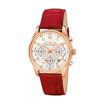 Folli Follie 率性連結大錶面計時腕錶-玫瑰金x紅皮帶
