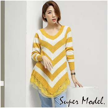 【名模衣櫃】經典蕾絲針織條紋上衣-共7色FREE亮黃色