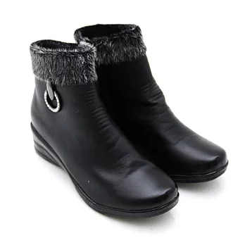 【Pretty】水鑽裝飾絨毛側拉鍊短筒楔型靴38黑色