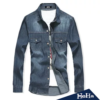 襯衫 復古修身休閒牛仔長袖襯衫 二色-HeHa-XL(深藍)