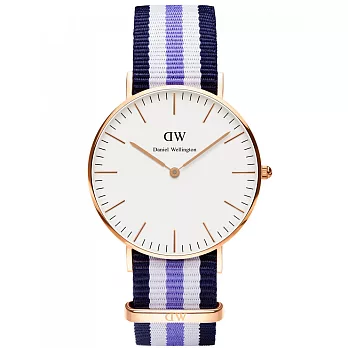 Daniel Wellington Trinity 時尚女錶-玫瑰金框白x藍白紫帶