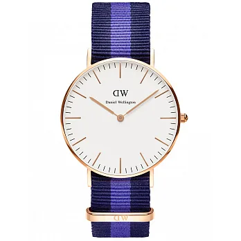 Daniel Wellington Swansea 時尚女錶-玫瑰金框白x藍紫帶