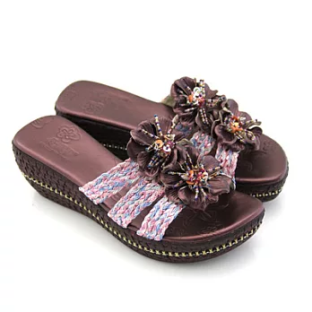 Green Phoenix雅緻立體花朵編織厚底拖鞋7紅色