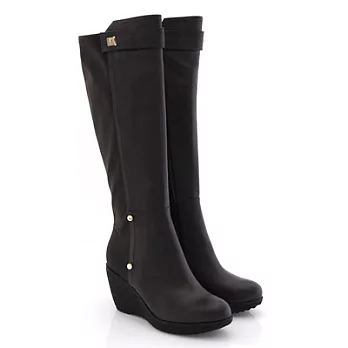 Green Phoenix極簡單性萊卡拼接小牛皮楔型長靴36咖啡