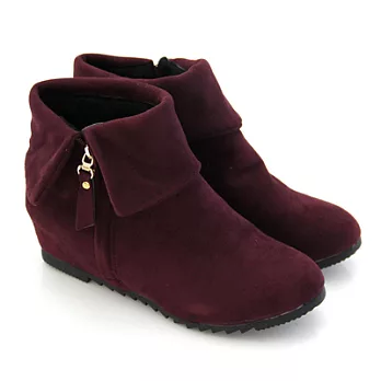 【Pretty】質感絨布反摺內增高短靴38酒紅