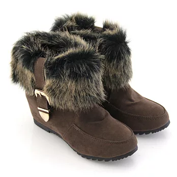 【Pretty】秋冬時尚毛領造型金屬側環扣內增高短靴36卡其