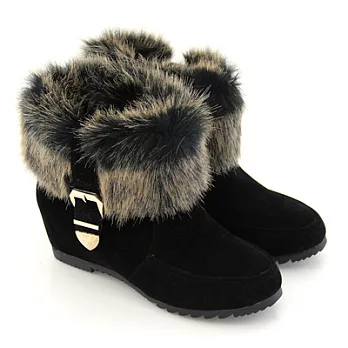 【Pretty】秋冬時尚毛領造型金屬側環扣內增高短靴38黑色