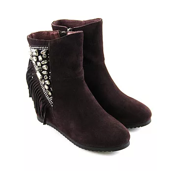 Green Phoenix都會率性流蘇壓克力水鑽斜角剪裁內增高短靴36咖啡