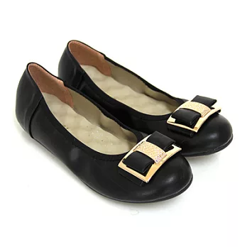 【Pretty】典雅金屬朵結平底娃娃鞋23.5黑色