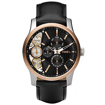 FOSSIL TWIST系列 復古典藏雙機芯三眼機械錶(黑金)