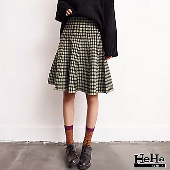 針織 保暖加厚彈性中長百褶裙 三色-HeHa-FREE(米黑小格)
