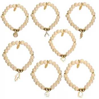 Ettika 美國品牌象牙白牛骨珠珠彈性手環金色幸運 鑲K金墜手掌