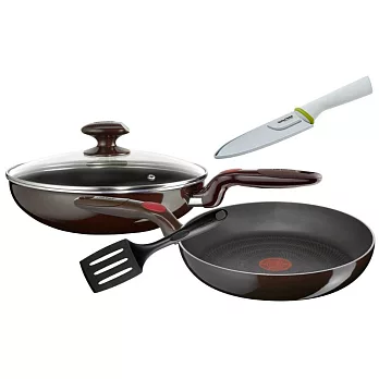 【UH】Tefal 法國特福 - 不沾小炒鍋30cm+不沾平底鍋30cm(附陶瓷系列主廚刀16cm+耐熱鍋鏟)
