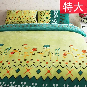 《契斯特》柔暖法蘭絨四件式床包組-特大嫩綠花芽