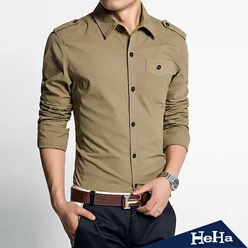 襯衫 軍裝風肩章單口袋長袖襯衫 二色-HeHa-L(卡其)