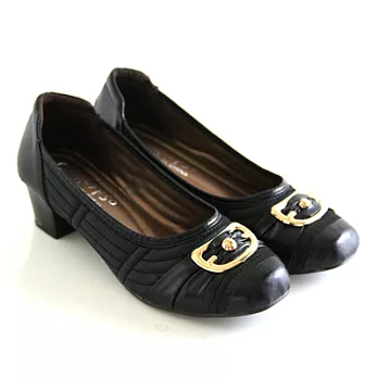 【Pretty】復古典雅金屬扣飾拼接粗跟鞋38黑色