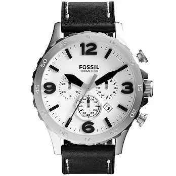 FOSSIL 重裝教士三眼運動計時腕錶-白x黑皮帶