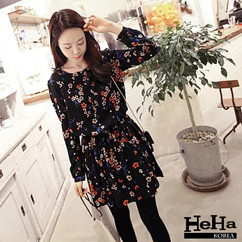 洋裝 雪紡碎花腰間可拉伸繫帶長袖洋裝-HeHa-M*