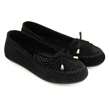 【Pretty】質感流蘇蝴蝶結莫卡辛休閒平底鞋24黑色