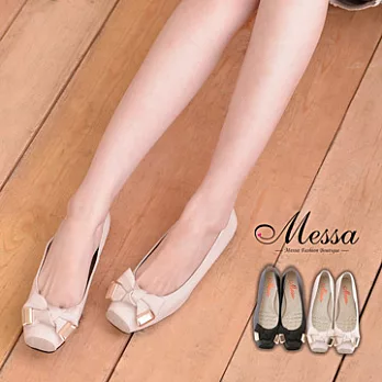 【Messa米莎】(MIT) 甜蜜格調金屬扭結蝴蝶結內真皮娃娃鞋 -兩色39米色