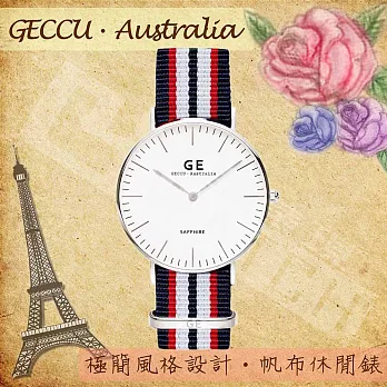 【GECCU】GE-GECCU.Australia經典極簡風格 帆布休閒錶-銀框七線_藍帆布