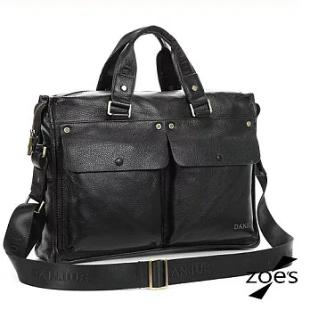 【Zoe’s】頂級牛皮 全皮剪裁 荔枝紋 雙口袋風 三用電腦包(尊爵黑)
