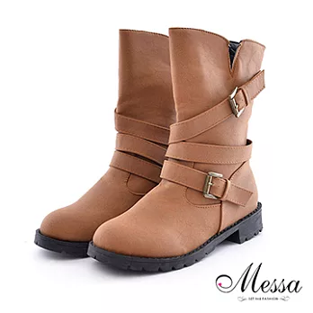 【Messa米莎】韓國雜誌款騎士風帥氣皮帶中筒靴-四色36棕色