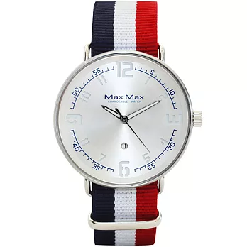 Max Max 簡約紐約夾層帆布風腕錶-銀X藍白紅
