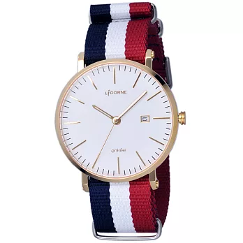 LICORNE entrée 極簡生活風日期腕錶-金X藍白紅