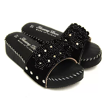 【Pretty】精緻立體花朵舒適厚底拖鞋40黑色