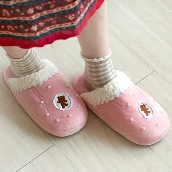 巧克力熊 珍珠毛拖鞋-甜心粉