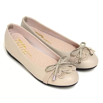 【Pretty】早春甜美蝴蝶結拼接蕾絲平底娃娃鞋23卡其