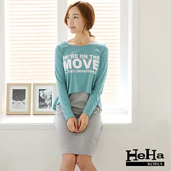 洋裝 寬鬆百搭兩件式印花上衣背心裙裝 豆綠+麻灰-HeHa-XL*