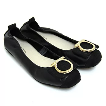 ◤Green Phoenix◥經典大方圓形金屬片全真皮平底娃娃鞋22黑色