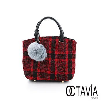 OCTAVIA 8 - 可愛毛球 毛呢格紋雙層手提包 - 黑與紅黑與紅