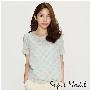 【名模衣櫃】 童趣圖案雪紡上衣-粉點綠FREE粉點綠