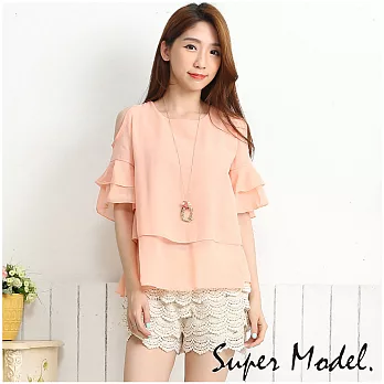 【名模衣櫃】微醺雪紡 挖肩波浪袖上衣-共5色FREE粉色