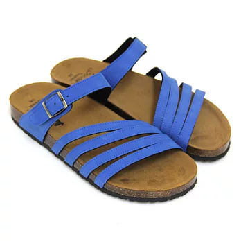 【Pretty】對稱線條一字皮帶扣休閒拖鞋35藍色